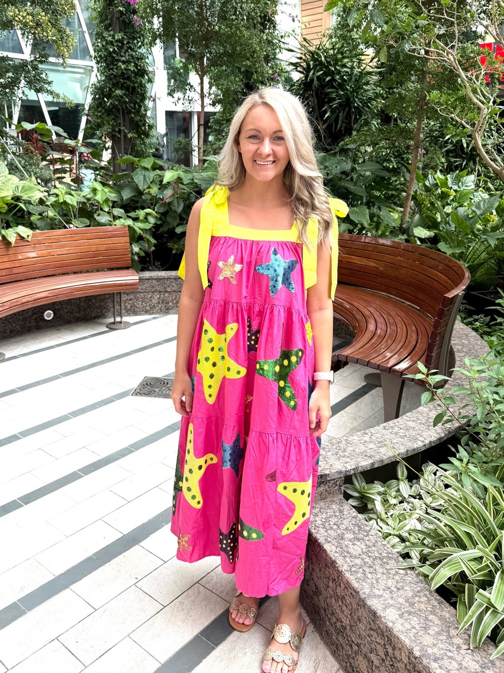 QUEEN OF SPARKLES Hot Pink Maxi Dress with Multicolor Star Appliqués